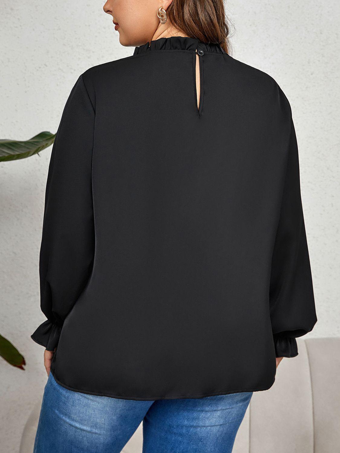 Round Neck Flounce Sleeve Plus Size Black Blouse - MXSTUDIO.COM