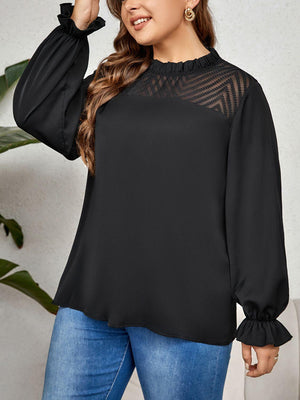 Round Neck Flounce Sleeve Plus Size Black Blouse - MXSTUDIO.COM