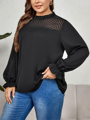Round Neck Flounce Sleeve Plus Size Black Blouse - MXSTUDIO.COM