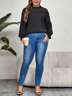 Round Neck Flounce Sleeve Plus Size Black Blouse - MXSTUDIO.COM