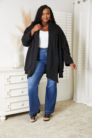 Scarf Design Open Front Plus Size Black Cardigan - MXSTUDIO.COM