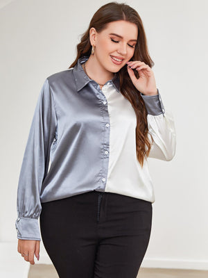 Special Color Block Plus Size Long Sleeve Shirt - MXSTUDIO.COM