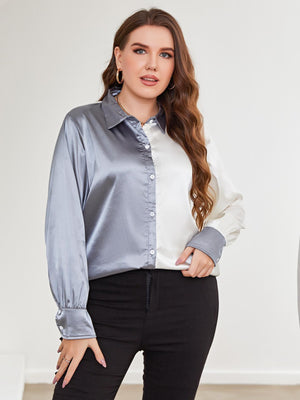 Special Color Block Plus Size Long Sleeve Shirt - MXSTUDIO.COM