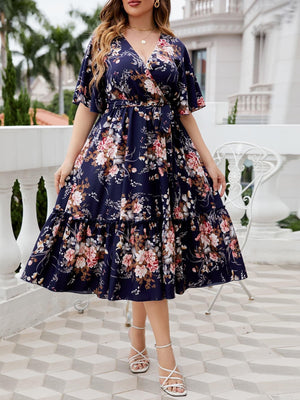 Splendid Plus Size Floral Flutter Sleeve Midi Dress - MXSTUDIO.COM