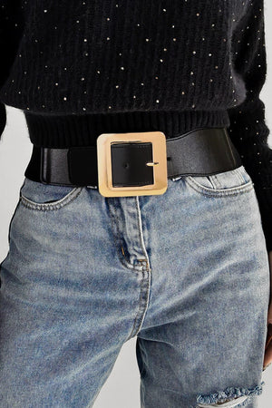 Square Alloy Buckle Black Wide Elastic Belt - MXSTUDIO.COM
