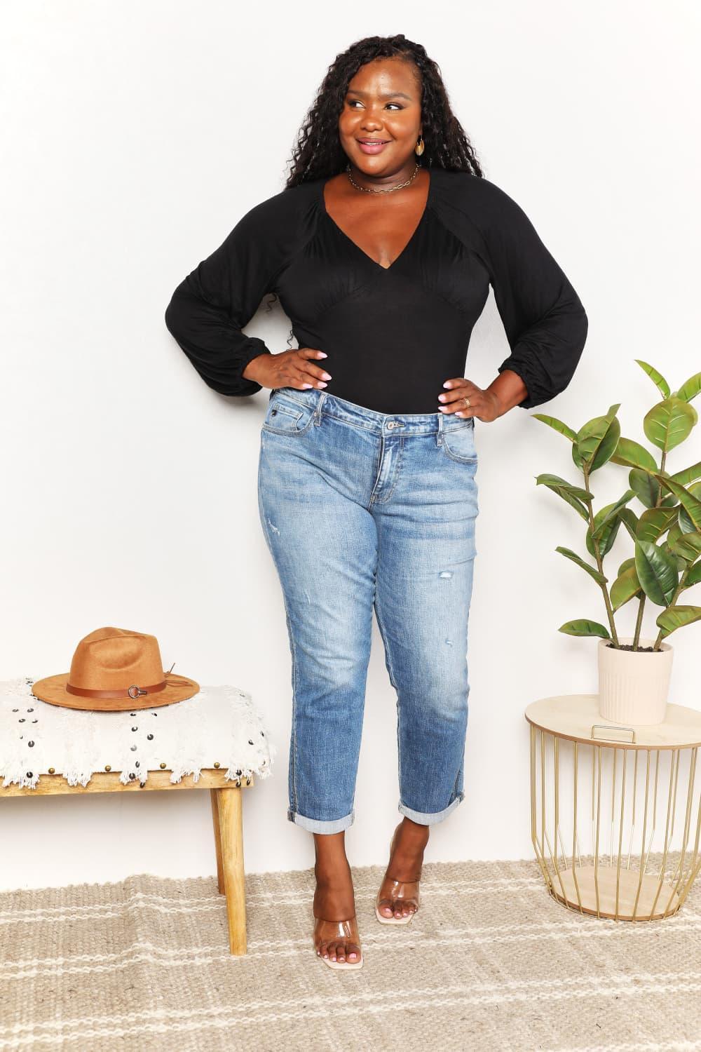 Streamlined Fit V- Neck Plus Size Black Bodysuit - MXSTUDIO.COM