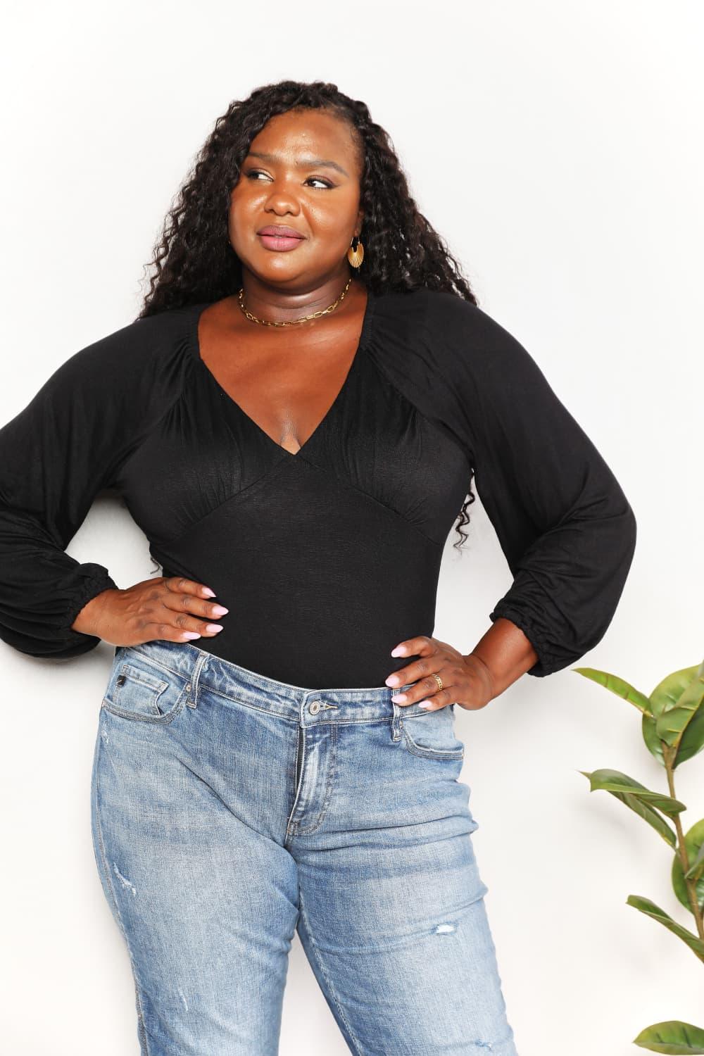 Streamlined Fit V- Neck Plus Size Black Bodysuit - MXSTUDIO.COM