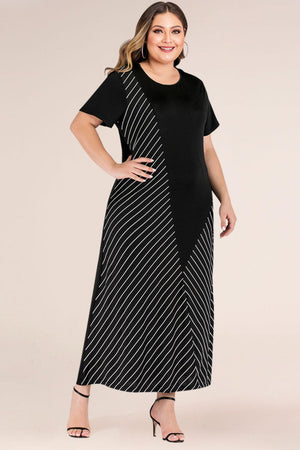 Striped Contrast Panel Plus Size Black Maxi Dress - MXSTUDIO.COM