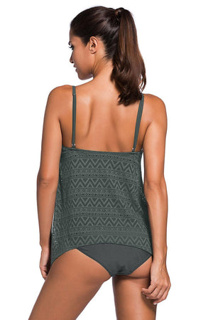 Sunshine Diva Openwork Gray Spaghetti Strap Tankini Set - MXSTUDIO.COM