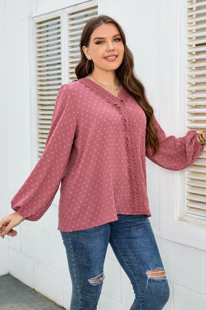 Tender Swiss Dot Plus Size Long Sleeve Blouse - MXSTUDIO.COM