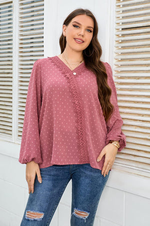 Tender Swiss Dot Plus Size Long Sleeve Blouse - MXSTUDIO.COM