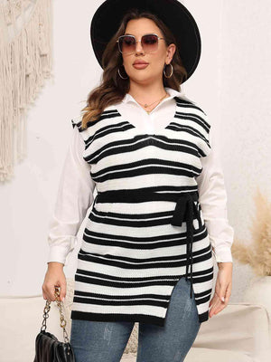 Tied Front Striped Plus Size Sweater Vest - MXSTUDIO.COM