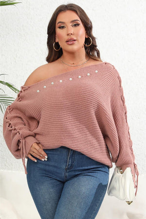 Tied Sleeves One Shoulder Beaded Plus Size Womens Sweater - MXSTUDIO.COM