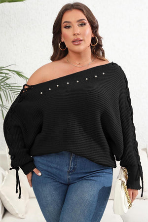 Tied Sleeves One Shoulder Beaded Plus Size Womens Sweater - MXSTUDIO.COM
