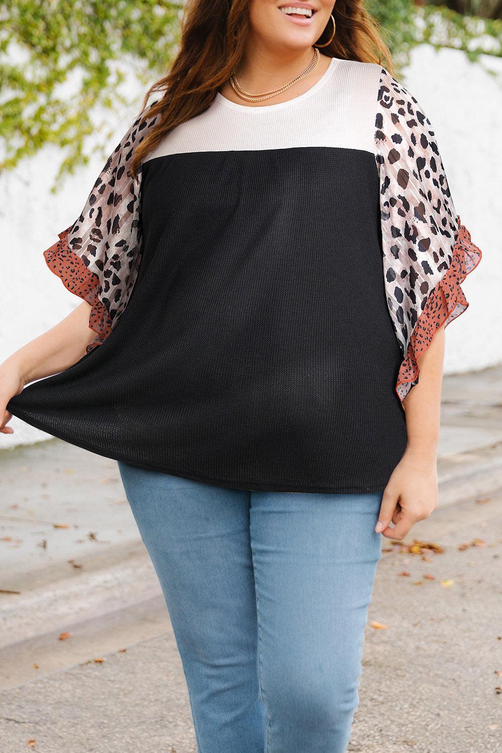 Venture Ready Plus Size Printed Ruffled Color Block Blouse - MXSTUDIO.COM