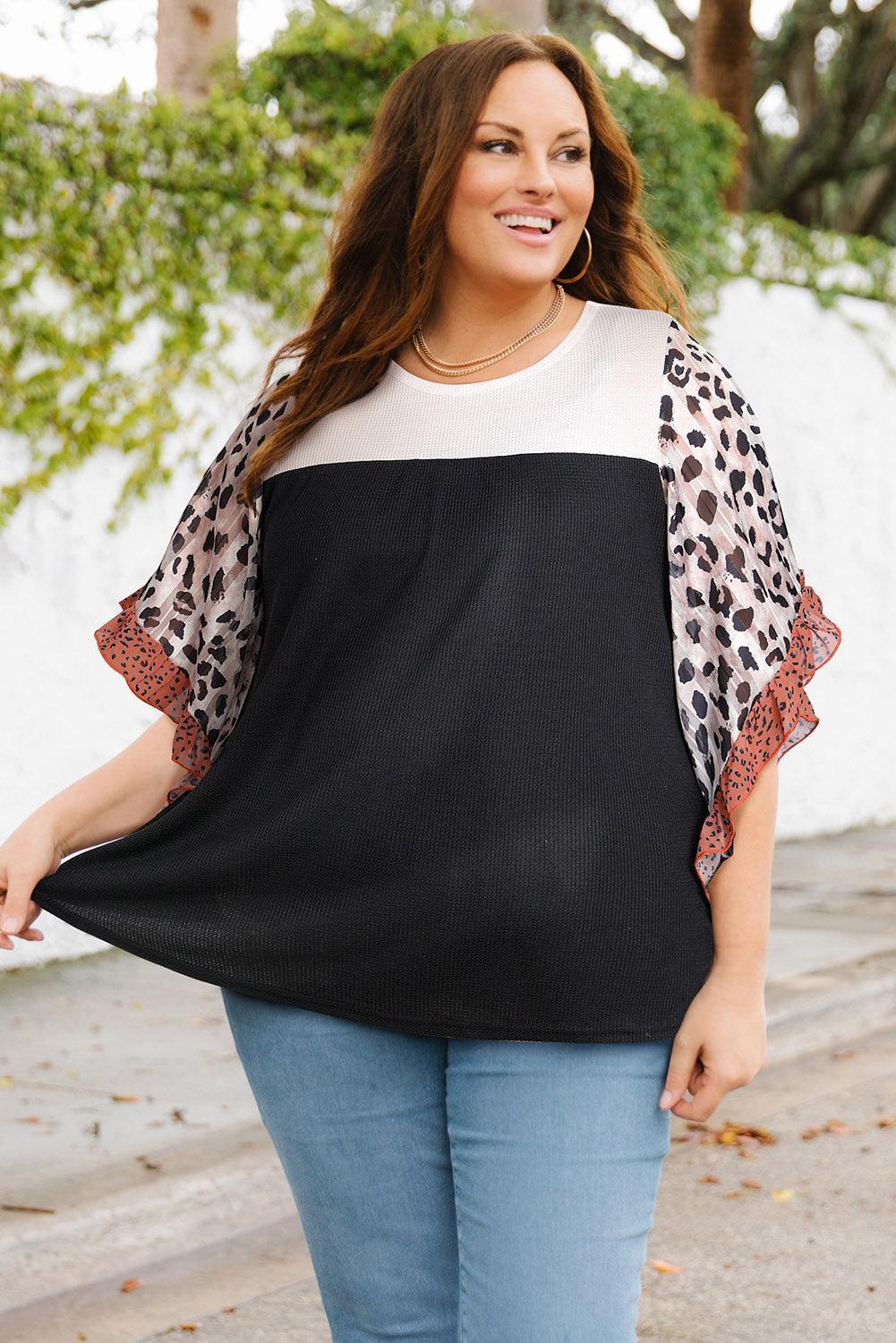 Venture Ready Plus Size Printed Ruffled Color Block Blouse - MXSTUDIO.COM