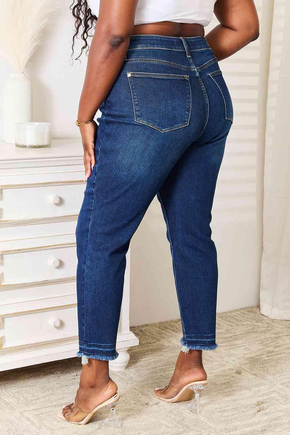 Well-Suited Plus Size High Waisted Raw Hem Jeans - MXSTUDIO.COM