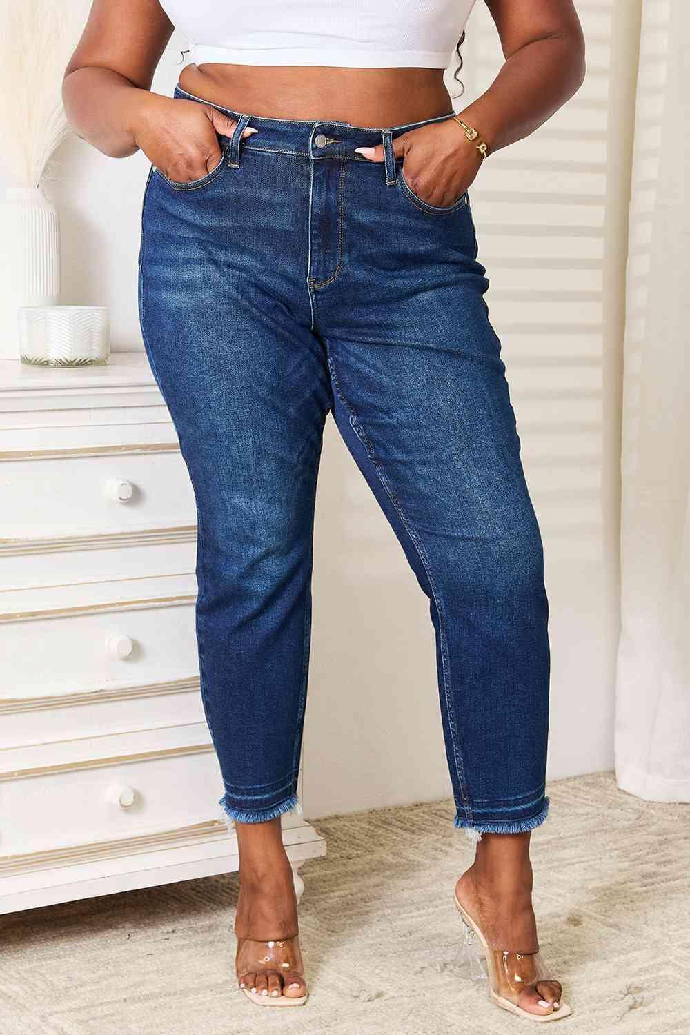 Well-Suited Plus Size High Waisted Raw Hem Jeans - MXSTUDIO.COM