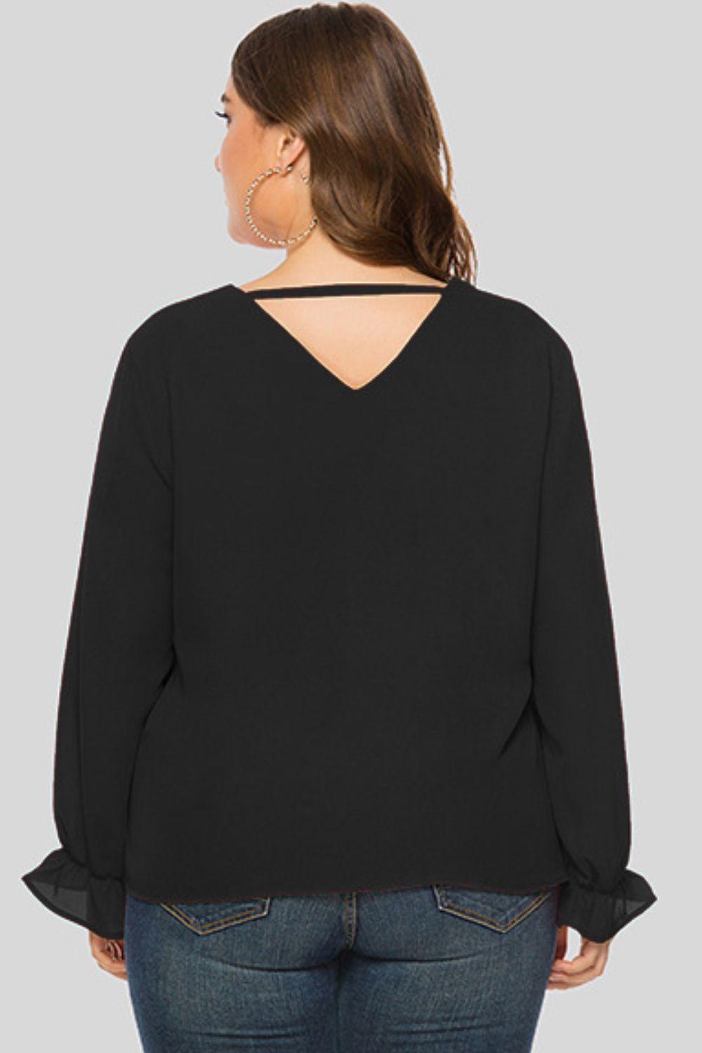 Wonderful Cutout Flounce Sleeve Plus Size Black Blouse - MXSTUDIO.COM