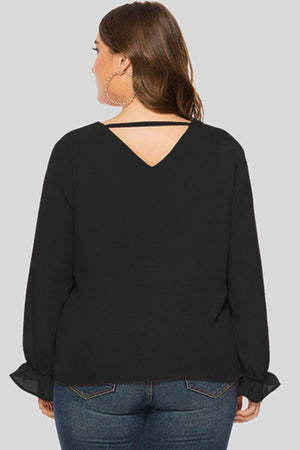Wonderful Cutout Flounce Sleeve Plus Size Black Blouse - MXSTUDIO.COM