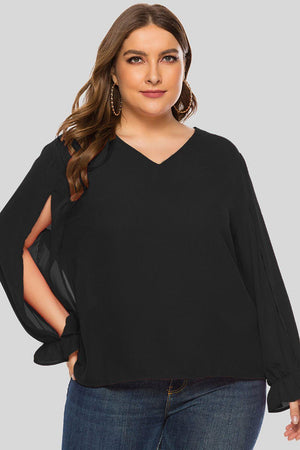 Wonderful Cutout Flounce Sleeve Plus Size Black Blouse - MXSTUDIO.COM