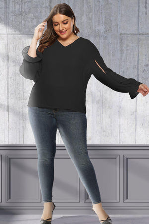 Wonderful Cutout Flounce Sleeve Plus Size Black Blouse - MXSTUDIO.COM