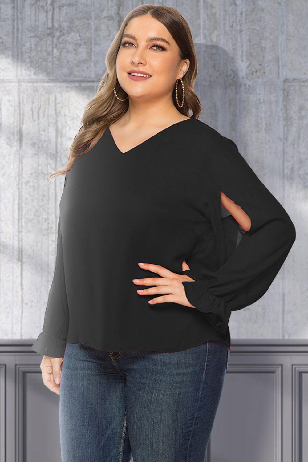 Wonderful Cutout Flounce Sleeve Plus Size Black Blouse - MXSTUDIO.COM