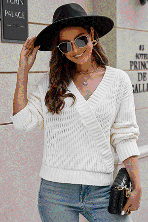 Fall Chic Long Sleeve Ribbed Surplice Sweater - MXSTUDIO.COM