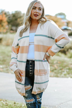 Artistic Impression Open Front Plus Size Striped Cardigan - MXSTUDIO.COM