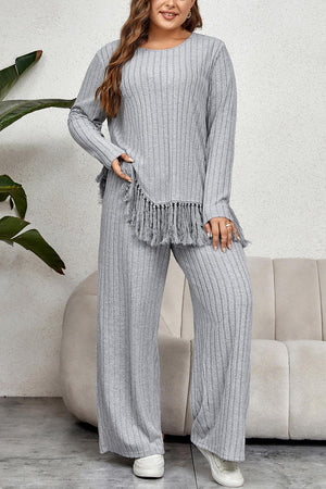 Cloudy Blue Tassel Hem Plus Size Top and Pants Set - MXSTUDIO.COM