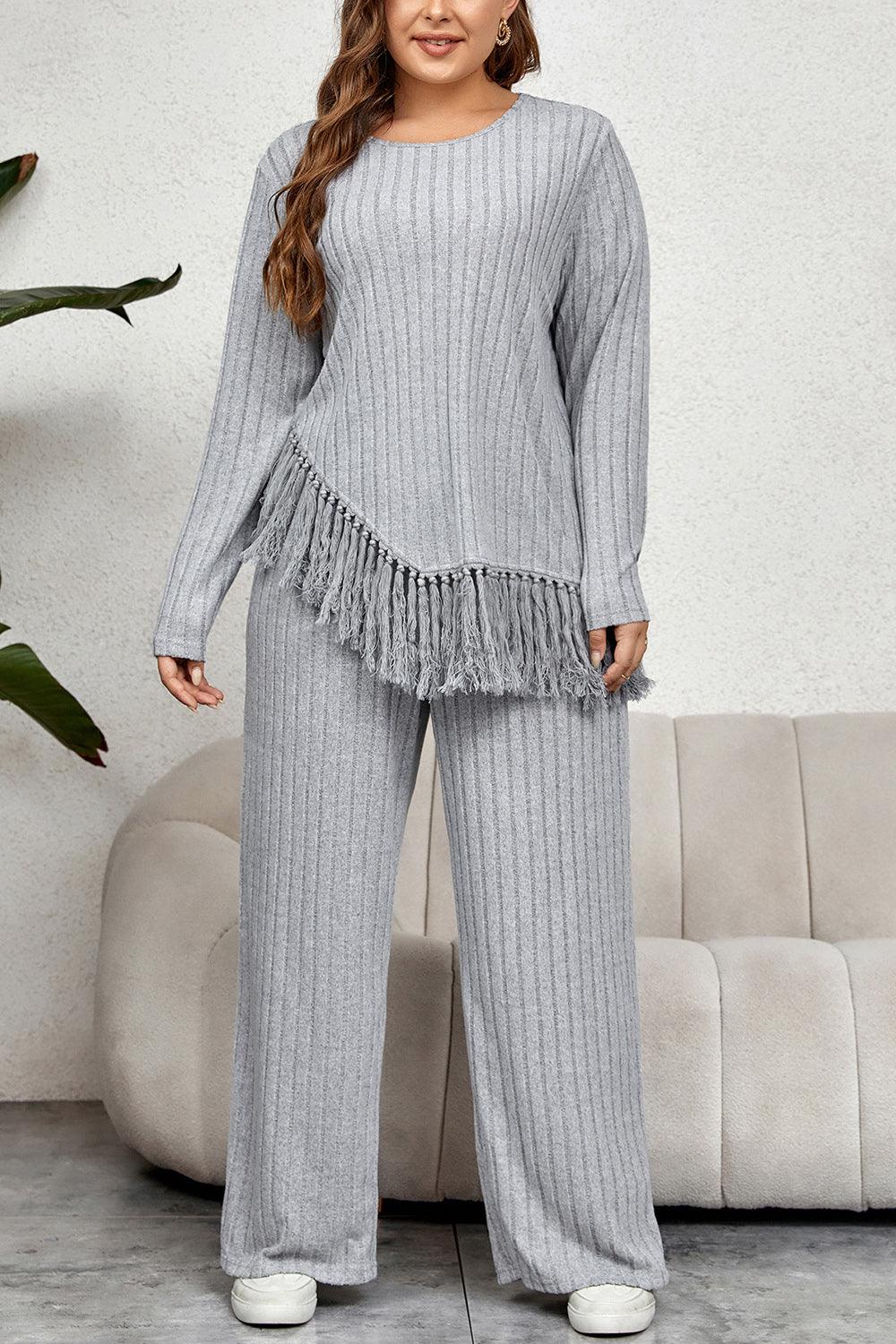 Cloudy Blue Tassel Hem Plus Size Top and Pants Set - MXSTUDIO.COM