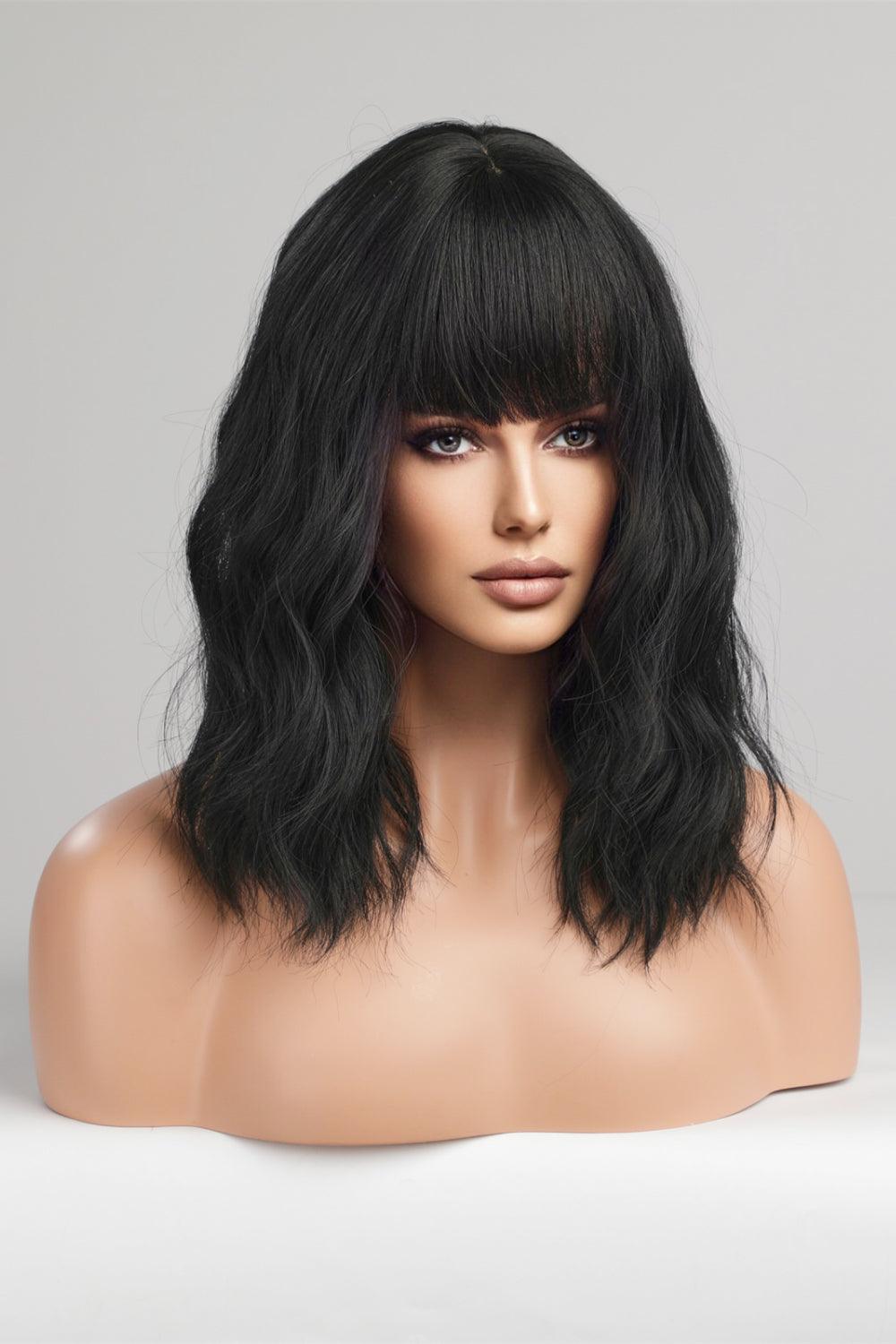 12'' Black Mid-Length Wavy Full Machine Wig - MXSTUDIO.COM