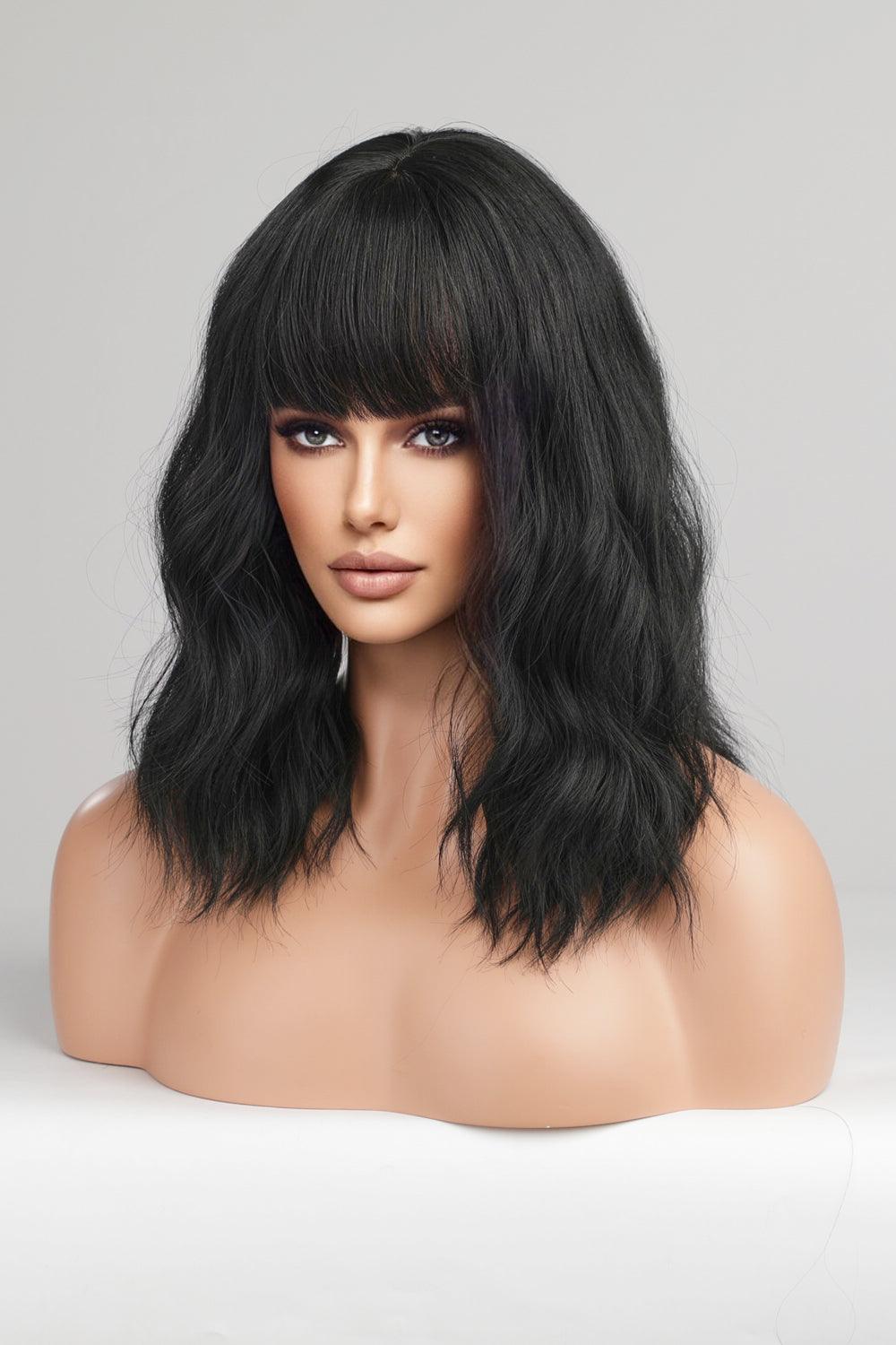 12'' Black Mid-Length Wavy Full Machine Wig - MXSTUDIO.COM