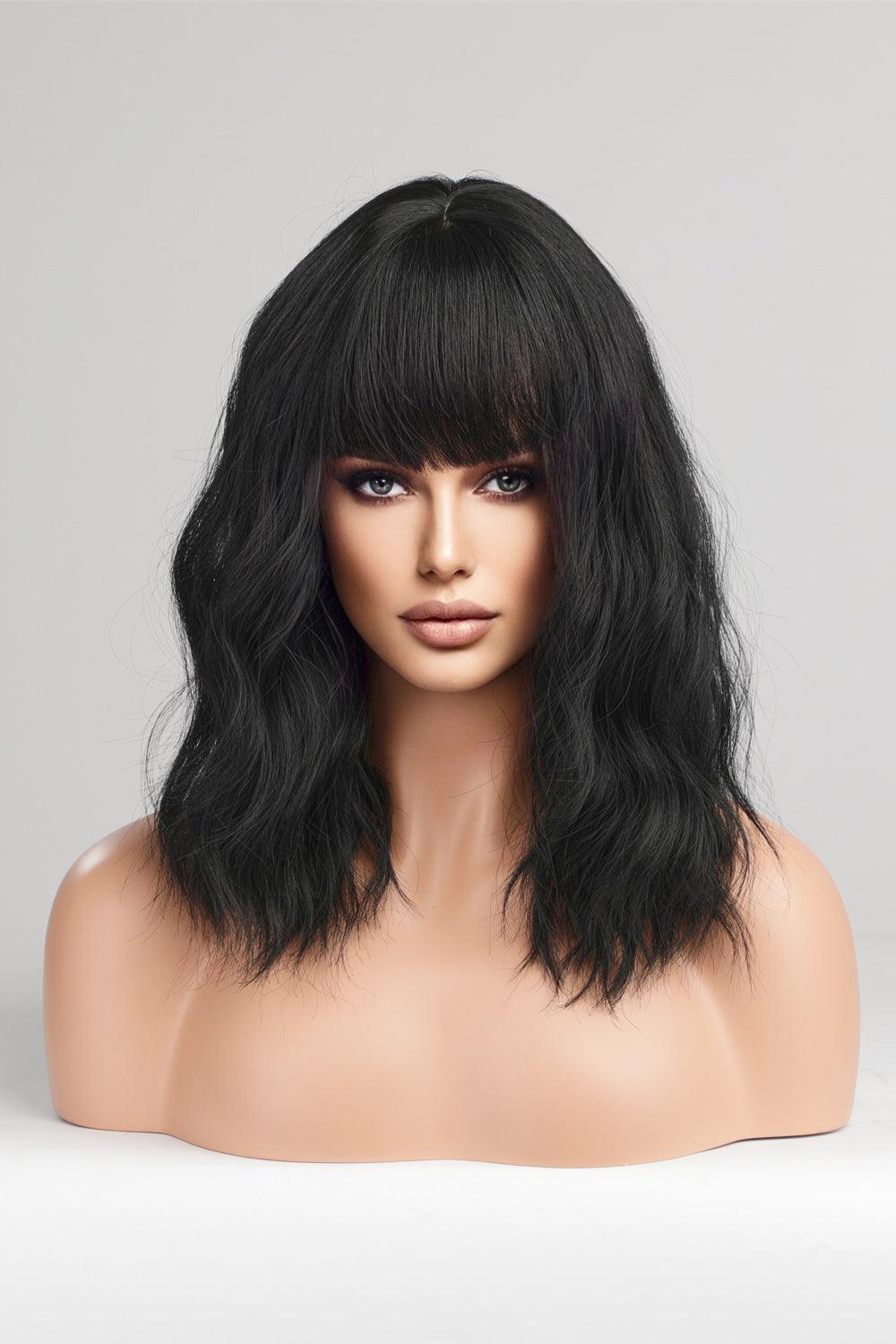 12'' Black Mid-Length Wavy Full Machine Wig - MXSTUDIO.COM