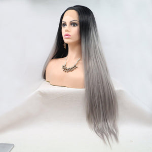 a mannequin head with long grey hair