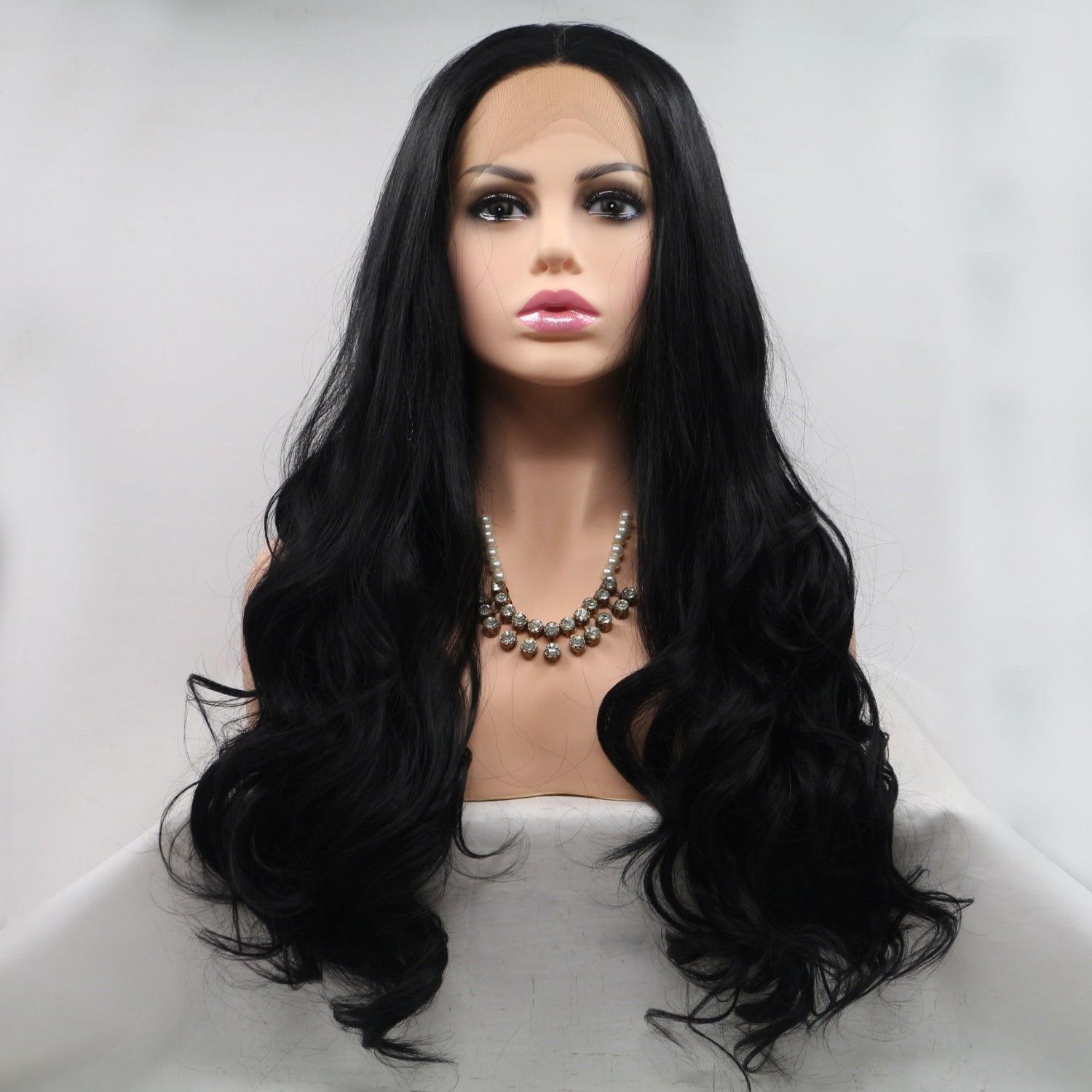 a wig with long black hair on a mannequin head