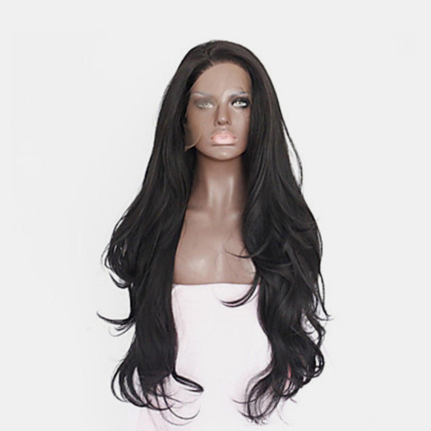 a wig with long black hair on a mannequin head