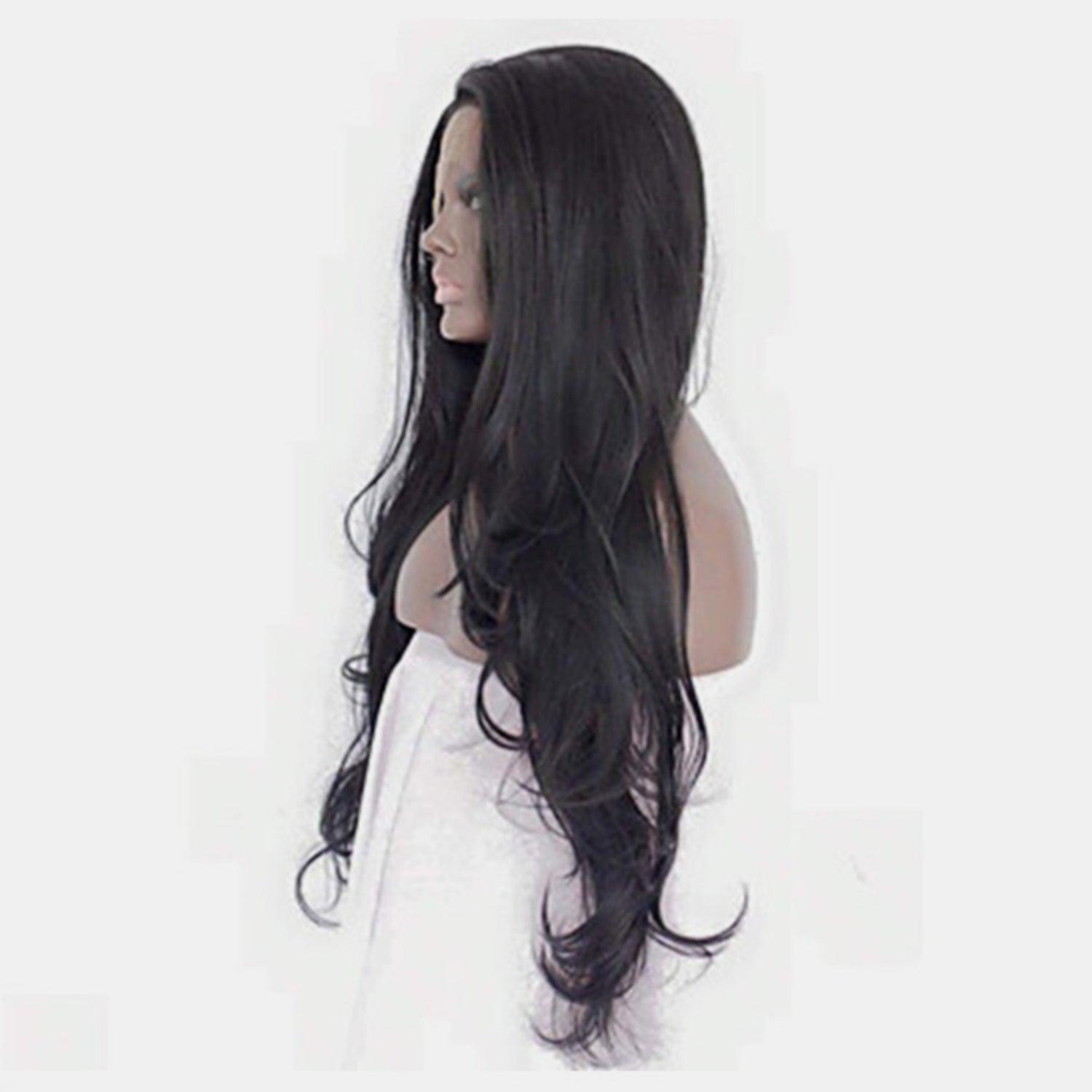 a woman's long black wig on a mannequin head