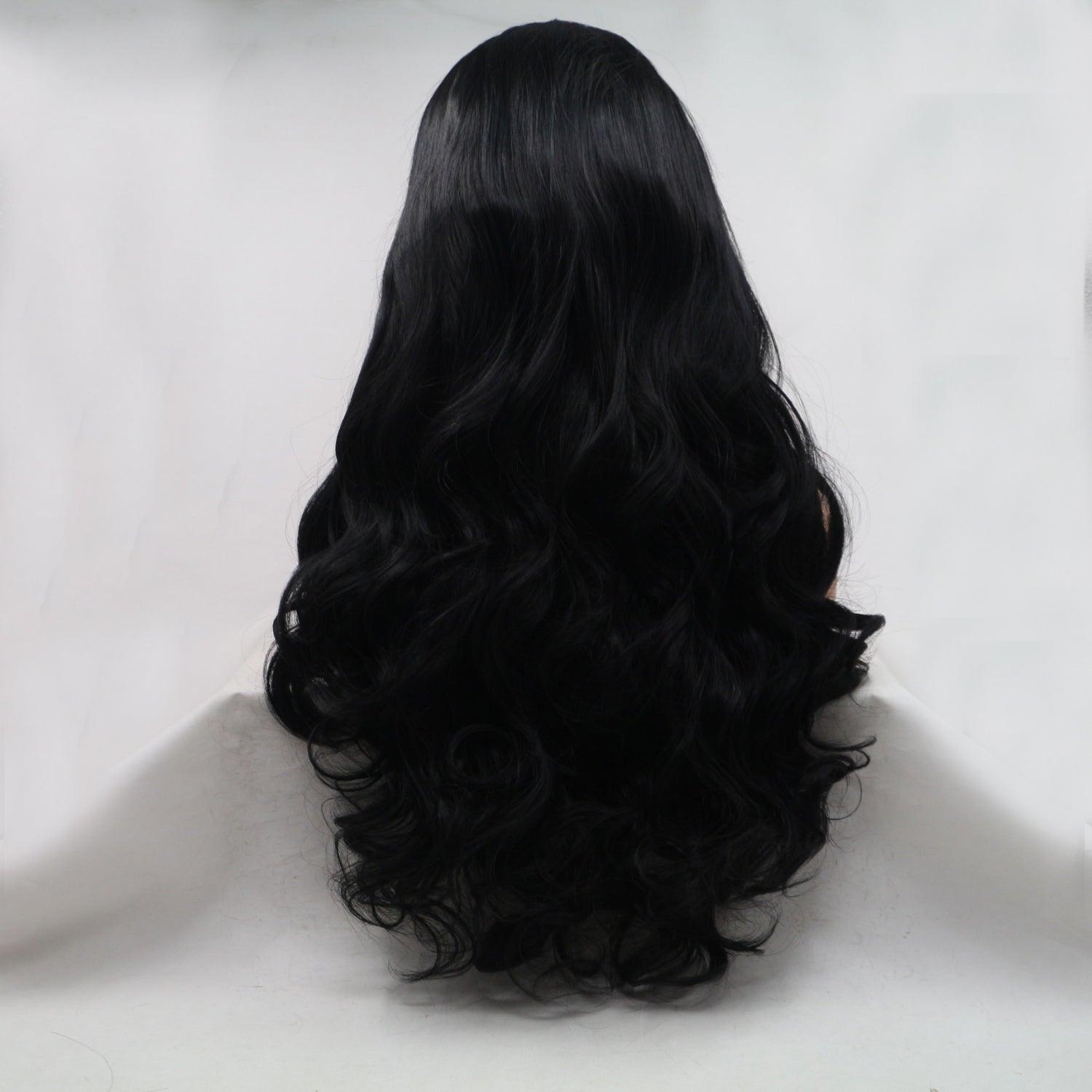 a woman's back view of a long black wig