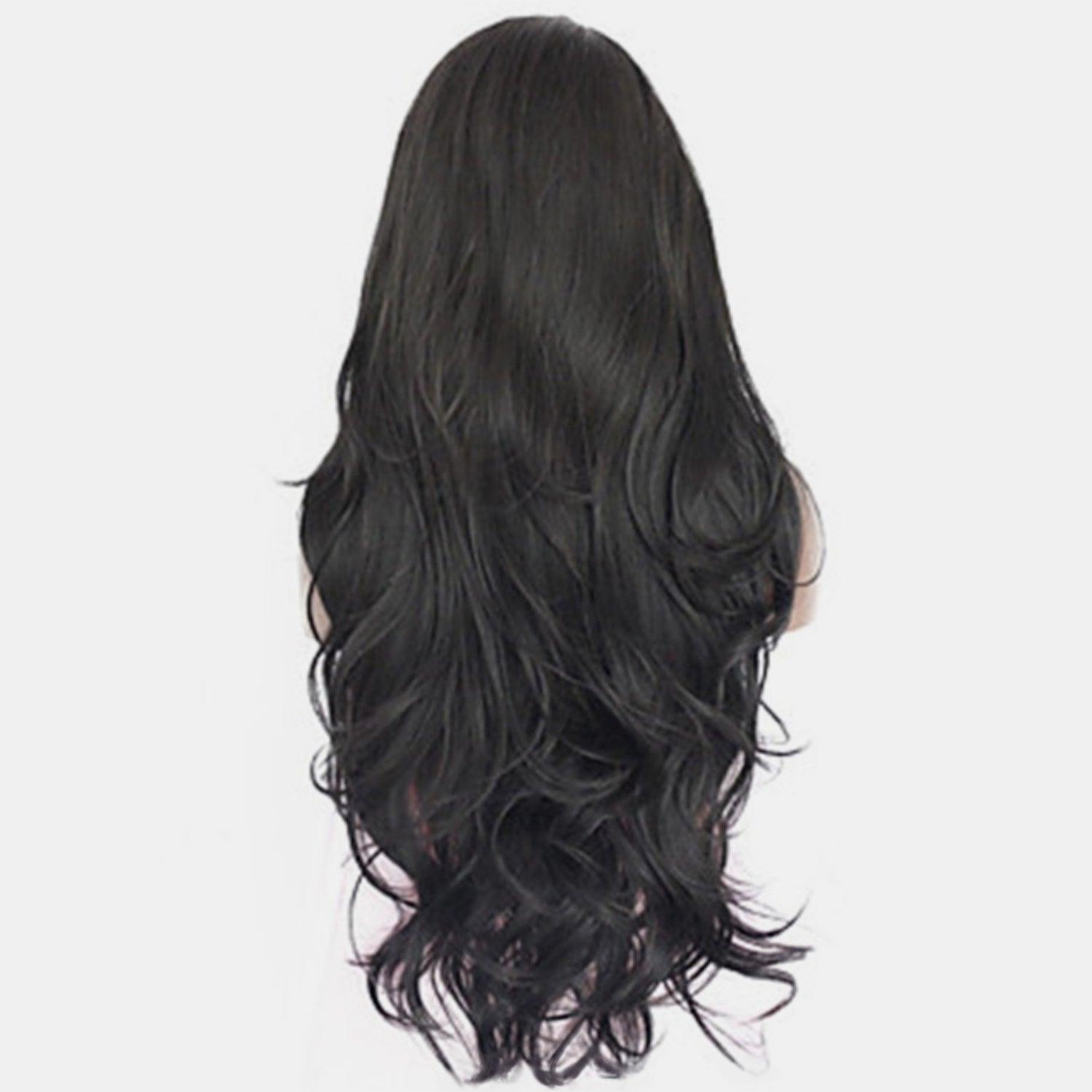 a woman's long black wig with bangs