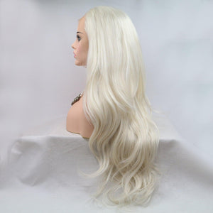 a blonde wig with long wavy hair on a mannequin head