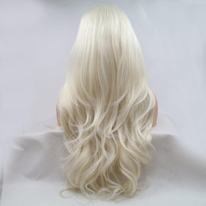 a blonde wig with long wavy hair on a white background
