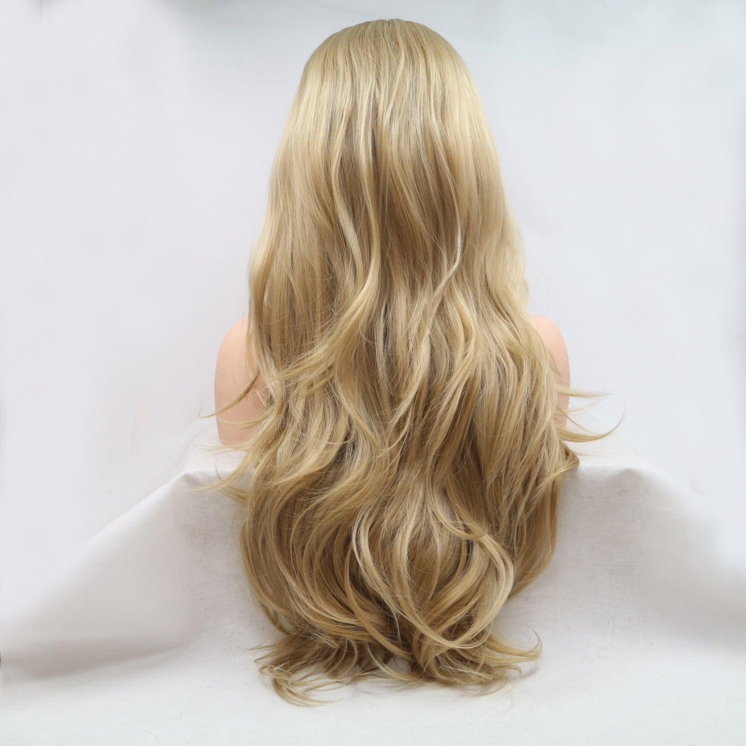 a woman's long blonde hair is shown from the back