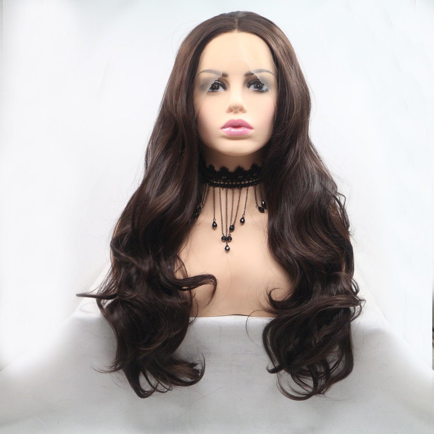 a mannequin head with long dark brown hair