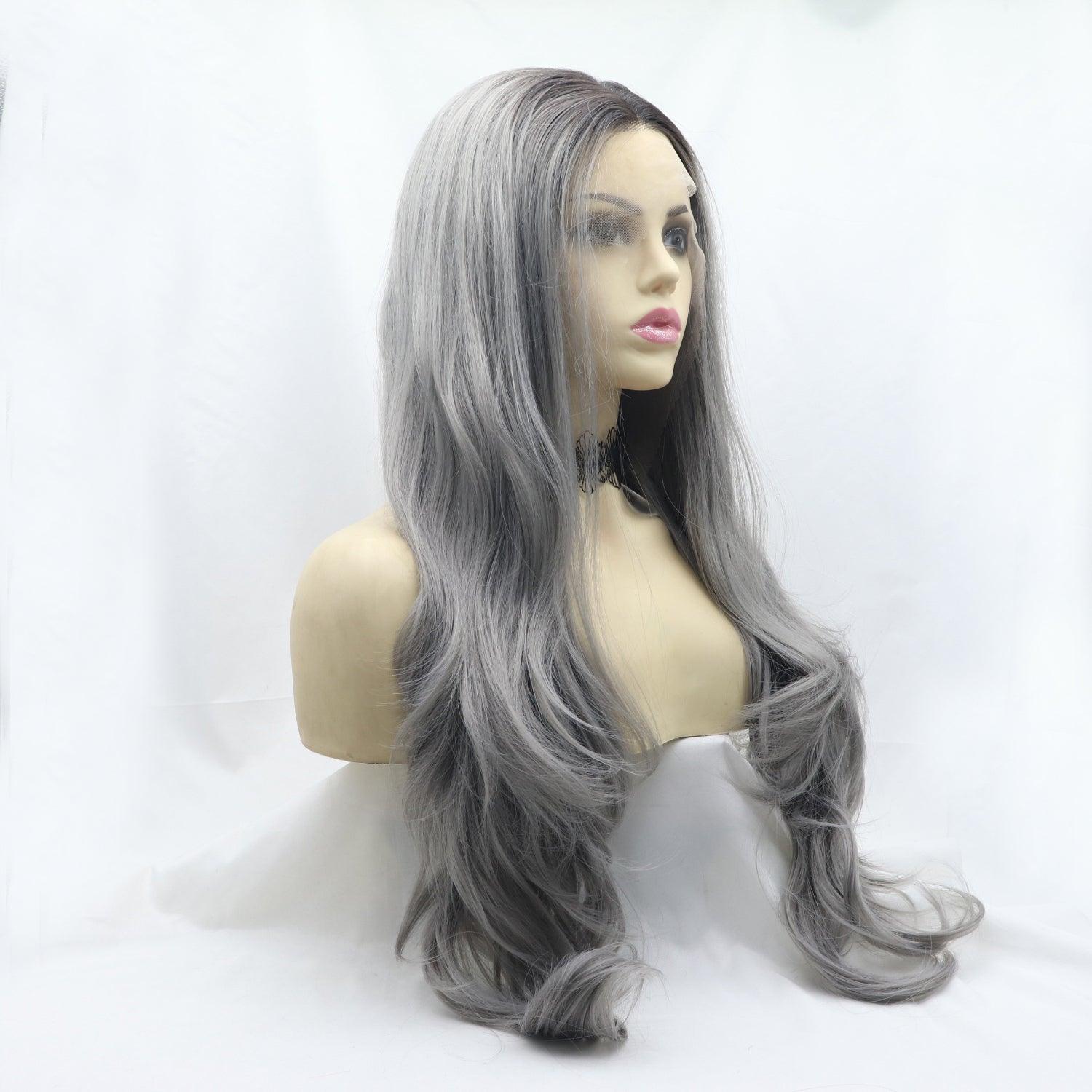 a wig with long grey hair on a mannequin head