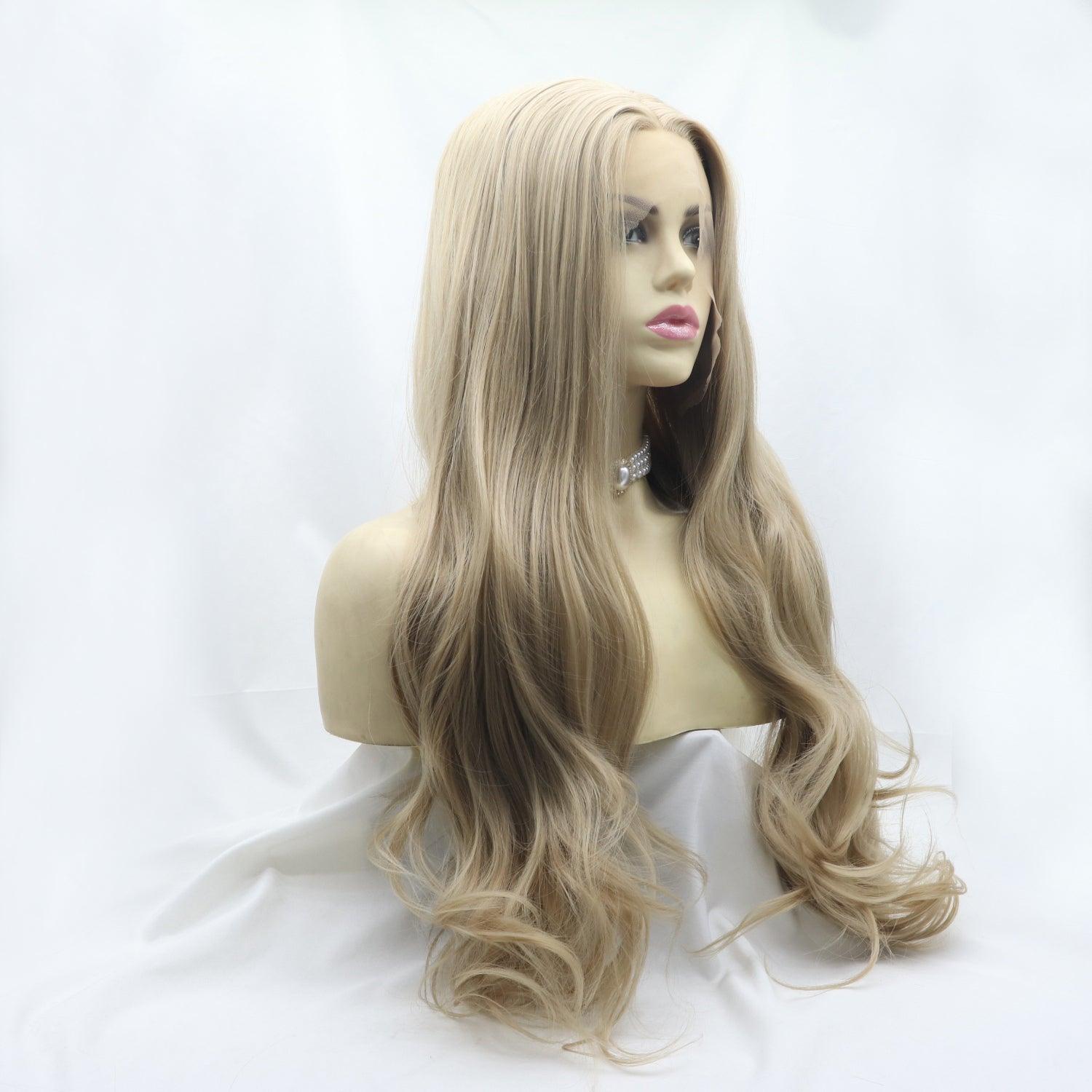 a wig with long blonde hair on a mannequin head