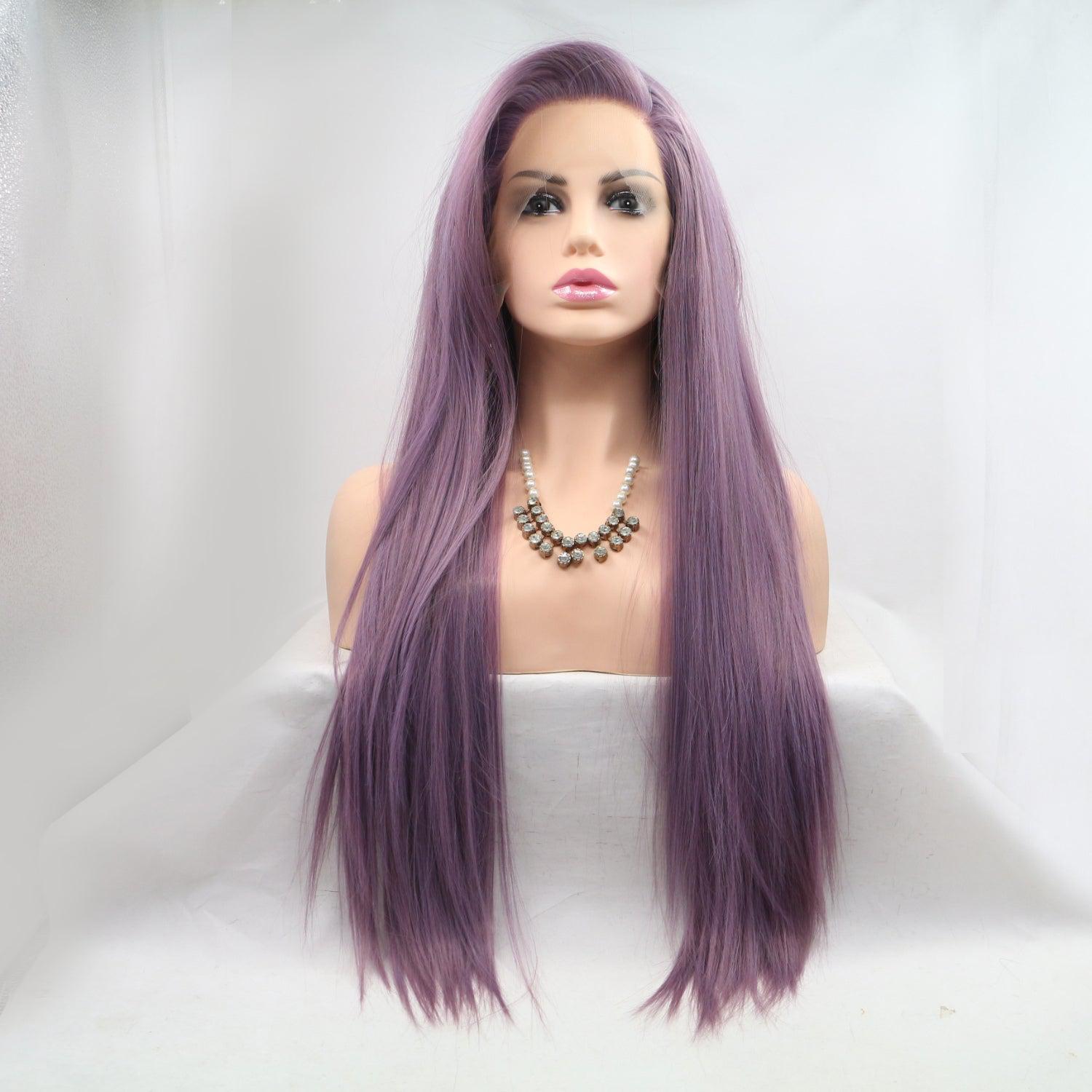 a mannequin head with long purple hair