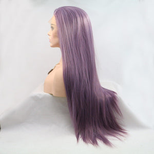 a wig with long purple hair on a mannequin head