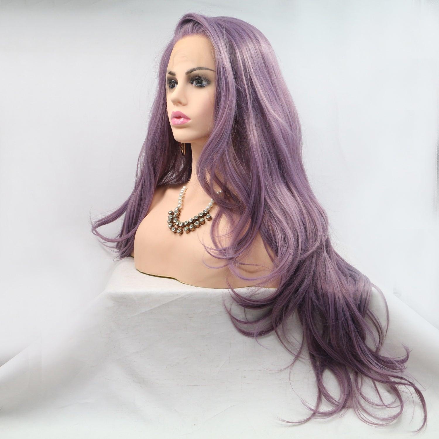 a wig with long purple hair on a mannequin head