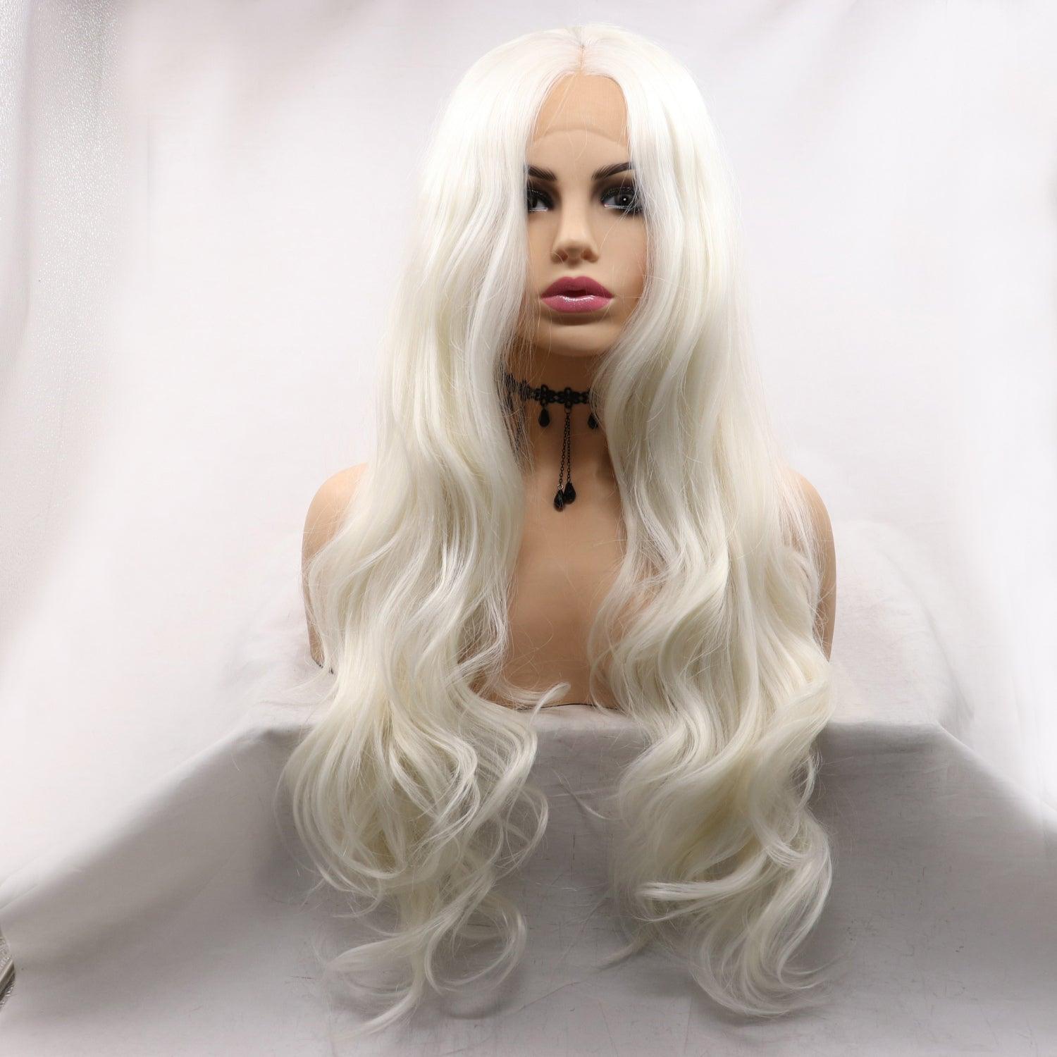 a wig with long white hair on a mannequin head